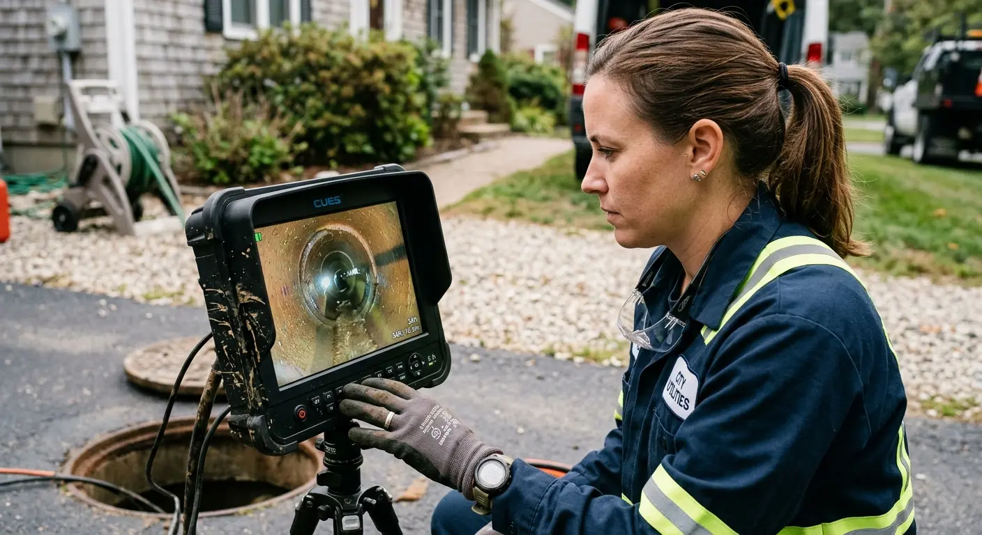 Technician reviewing sewer camera inspection footage in Sullivan