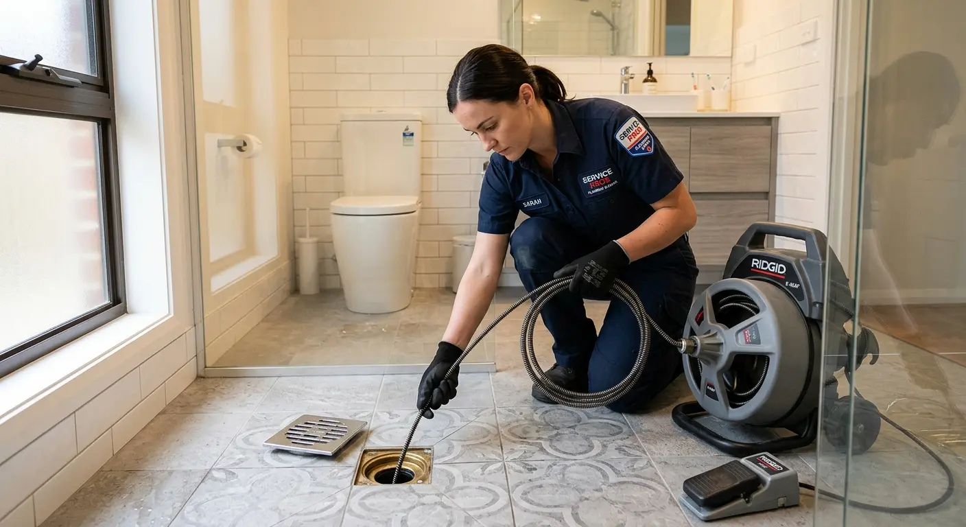 Technician clearing a bathroom floor drain for Clogged Drain Repair in Sullivan